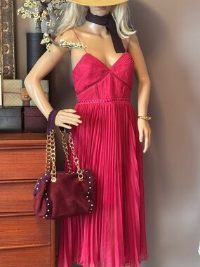 Self-Portrait Fuchsia Pleated Spaghetti-Strap Midi Dress